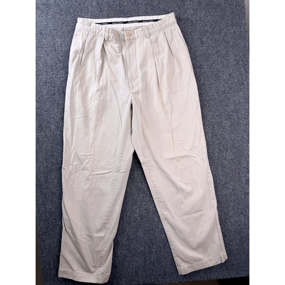 Polo Golf Ralph Lauren Mens 34x31 Khaki Pleated Chinos Cotton Pants Tan Y2K Logo